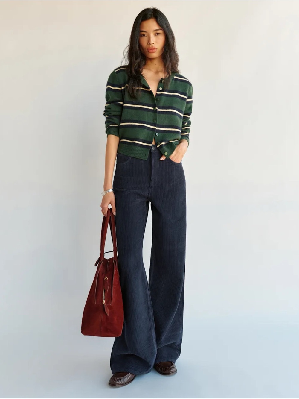 NWT Reformation Clara Cashmere Crew Cardigan Green Stripe Small - Picture 12 of 16